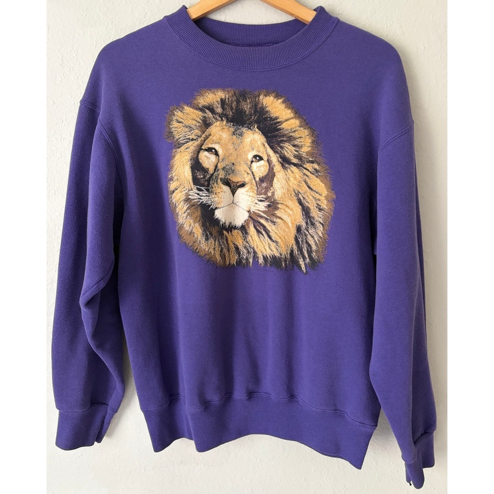 Vintage 90s Lion Sweatshirt Hanes USA Made Purple Large Animal Wildlife Graphic